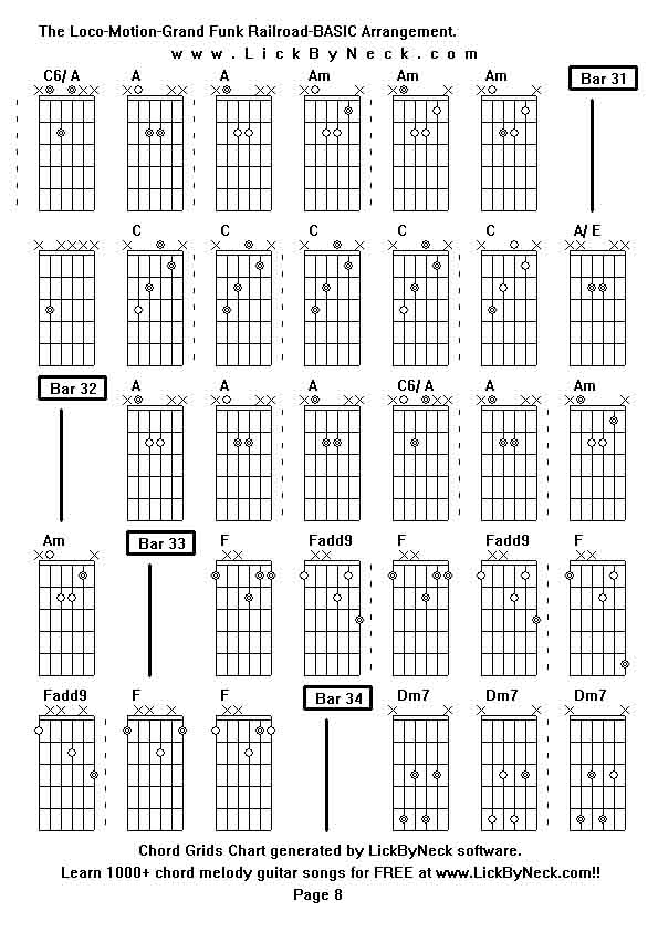 Chord Grids Chart of chord melody fingerstyle guitar song-The Loco-Motion-Grand Funk Railroad-BASIC Arrangement,generated by LickByNeck software.